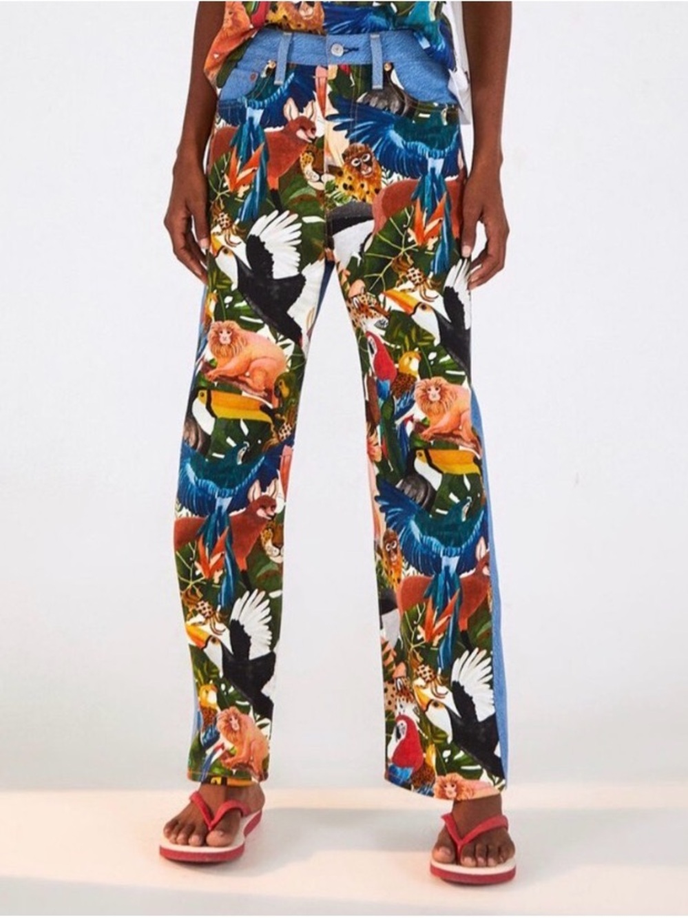 Women’s Two-Tone Denim Jeans with Tropical Print Panel - Blue - Picture 3 of 9